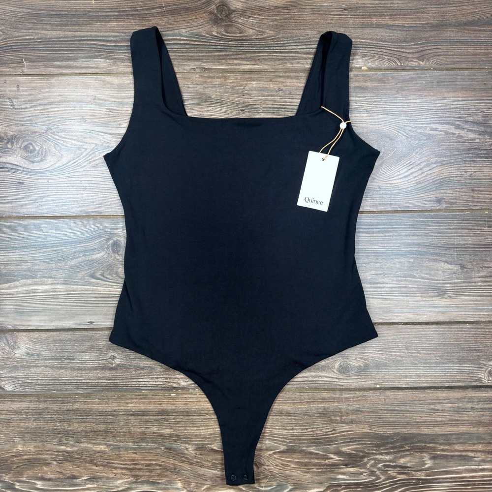 Quince Women Size Large Bodysuit Black Square Neck Organic Cotton Stretch NWT